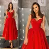 2022 robes de bal rouges bretelles une ligne thé longueur volants plissés décolleté en coeur soirée tenue de soirée cocktail robes de soirée robes sur mesure plus la taille