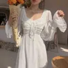 Novo vestido de chiffon longos de fada 2022 Vintage Women Whom White, elegante festa francesa Midi Dress Sleeve Casual Feminino Roupas 14278 T220804