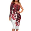 Robes décontractées Lady Short Ruffle Sleeve O-Neck Long Dress Polynesian Tribal Red Frangipani And Leaves Print Custom Summer Women Samoan 2022C