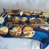 Europäische Handwerkskunst, Es-Flat, professionelles Altsaxophon, himmelblaues, tief geschnitztes Röhrengehäuse, vergoldetes Altsaxophoninstrument