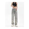 2022 Fashion Grey Pants Ripped Wide Leg Jeans Retro High Waist Zipper Women's Trousers Mujer L220726