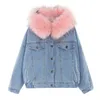 QINGWEN WOMEN WINTER NEW FASHION FUR COLLARパーカーパッド入りジャケットの厚さとフリースデニムジャケット女性爆撃機ショートジャケットL220725