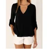 Kvinnors skjortor sommar Autumn Casual Vneck Chiffon Blus Women Tops and Bluses Long Sleeve Black White Ladies Blus Shirt 210401