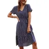 2021 Fashion Ladies Beach Dress Dress Stripe Impressão respirável 5 cores Mulheres V Vestido de roupão solto para compras L220705