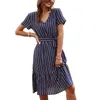 2021 Fashion Ladies Beach Vacation Jurk Stripe Printing Ademende 5 kleuren Vrouwen V Hals Losse gewaad Jurk voor winkelen L220705