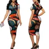 3D Banana Leaf Print Sukienki Letnie Eleganckie kobiety V szyja zamek błyskawiczny Bodycon Office Ofencil krótki rękaw Sexy Slim 220521