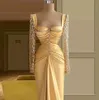 2022 erstaunliche gelbe Meerjungfrau Prom Kleider Spitzen Applikationen Quadratkragen Abendkleid Custom MADE Falten Frauen formelle Promi -Party -Kleid B0804
