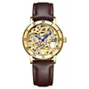 Polshorloges Fashion Gold Women's Mechanical Watch Roman Bezel Skeleton Hollow Automatische zelfwind Ladies Dress Leather Pols Watcheswri