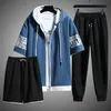 Sweat Suit Summer Men s Sets Hooded Zipper Short Sleeve Tops Trousers Short Clothing 3Piece Set Streetwear Tracksuit 220617