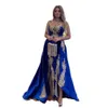 Elegant Karakou Moroccan Kaftan Evening Dresses For Women Split Royal Blue Velvet Prom Gowns Gold Lace Appliques Long Arabic Dubai 2 In 1 Celebrity Party Wear 2022