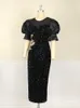 Abiti neri con paillettes Velluto Ricamo Petto Avvolto Manica a sbuffo Abito scintillante Classy Ladies Spring Party Celebrity Birthday 4XL 220406