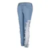 Women's Jeans Women Fashion Lace Hollow Out Floral Appliques Skinny Denim Pencil Pants Pantalon Vintage C50