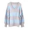 Women's Knits & Tees Women Pullovers Sweater Contrast Colors Warm Long Sleeves Thermal Knitting V Neck Striped Elastic Spring Autumn Sweater