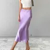 MNEALWAYS18 Solid Purple Satin Silk Kjol Kvinnor Hög midja Summer Long Kjol Elegant Ladies Office kjolar Midi Spring 220701