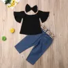 キッズ3ピースセットガール服から肩のフリルTシャツデニムジーンズヒョウパンツヘッドバンドの衣装