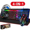 Gaming Keyboard Mouse Retro Punk Ergonomic Rainbow Backlit Breathable Light Headset Desk Pad 4in1 Gamer Set for Gamer