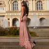 Deep V Neck Sequined Prom Dresses Rose Pink Sexy Plus Size Robe de soirée Custom Made Open Back Zipper Formal Floor Length Party Gown