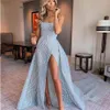 2021 New Sexy Luxury Baby Blue Mermaid Prom Dresses With Detachable Train High Side Split Sequined Lace Long Prom Gowns Formal Dre315J