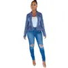 Kvinnors jackor kvinnor blå denim jacka ruffle fem smal fit kort jeans rock vintage avvrid krage boutique kläder ytterklädervinnor