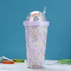 Hot selling! 4 colors 16oz Ins Double Layer Plastic Rainbow Tumblers With Straw And Bubble doll Cute Working and Sport Campus