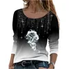 Mode T-shirt för kvinnor Oversize långärmade skjortor med o-halstryck Höst Vinter Casual Toppar Plus Size 220326