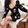 Casual Dresses Women Autumn Long Sleeve French Big Rose Print Gentle Lady Square Collar Small Black Dress Was Thin Puff Vestidos