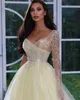 Light Yellow Tulle Prom Dresses Appliqued Beading One Shoulder Long Sleeve Evening Dress Formal Photo Shoot Dress