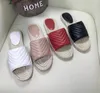 Women Slippers Leather Espadrilles Sandal Luxury Flat Platform Round-Toes Slippers with Double Metal for Beach Weave Shoes