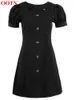 OOTN noir manches bouffantes Robe élégante femme col carré simple boutonnage femme bureau dames robes solide Mini Robe Robe 220511