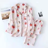 Peach Print Women Pajamas Crepe Home Service Summer/Fall Long Sleeves Thin Double-Layer Mesh Vest Pants Pyjamas Set L220803