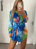 Women Sexy Satin Printed Dress 2022 Summer Fashion Ladies High Street Lace Up Dress Female Deep V Neck Lantern Sleeve Mini Robe T220818