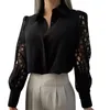 Women's Blouses & Shirts Sexy Women White Lace Shirt Long Sleeve Floral Splicing Lapel Blouse Top Female Elegant Lady Black Sheer Clothing