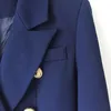 B078 Womens Suits & Blazers Hot Personality New Top Quality Original Design Women's Double-Breasted Blue Slim Jacket Metal Buckles Blazer Navy Blending Outwear