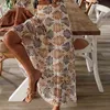 Zomerstrand Women Casual Boheemse korte mouw losse hoge taille printjurk Boheemse stijl, afdrukken, geplooid ontwerp, riem omvatten G220510