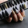 Black Stiletto False Nails DIY Crystal Golden Golit