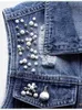 JMPRS Denim Women Vest Luxury Pearls Fashion Ripped Autumn Jeans Jacket Sleeveless Loose Short Coat Causal Waistcoats 5XL 220715