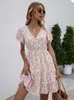 Allover Ditsy Floral Print Ruffle Hem A-Line Dress Summer Women Pink Sleeve Elastic midja V-ringning Midi Dress Robe Femme 220513