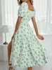 Frenchy Dity floral spleet dij dijbeen voorste puff mouw ruches buste dres vierkante nek hoge taille a-line lange jurk gewaad 220516