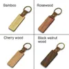 Personalized Beech wooden Leather Keychain Blank Round Rectangle Carving Pendant Accessories Luggage Decoration Key Ring DIY Thanksgiving Day Gift