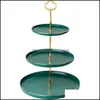 Vintage Green 3 Tier Cake Stand Cupcake Carrier Servering Bricka med Gold Rim 2 Layer Dessert Platter För Tea Party Bröllop Black Drop Delivery