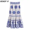 XEASY Frauen Blau Stickerei Leinen Rock Hohe Taille Seite Zip Vintage Sommer Midi Röcke Mode Rüschen Saum Weibliche 220322