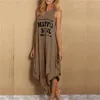 Summer Women Casual Hippie Soul Letter Printed Long Dress Sleeveless Irregular Pleated Loose Double Layer Maxi Plus Size 220521