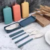 4Pcs Portable Wheat Straw Dinnerware Set Chopsticks Spoon Knife Fork Cutlery Set for Picnic Camping Tableware With Utensil Box Y220530