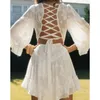 Casual Dresses Hirigin Floral Print Boho Spring Autumn Backless Lace Up White Dress Flare Sleeve Beach A-line Ruffle Short DressCasual