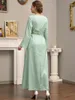 Casual Dresses Muslim Women Long Maxi Dress Arabic Robe Light Green Embroidered Ethnic Polka Dot Bronzing Printed Self-Tie Slit Sleeve Abaya