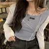 패치 워크 TSHIRTS 여성 긴 소매 디자인하라 주쿠 패션 여름 대학 슬림 크롭 탑 올미어 소프트 레저 INS BASIC 220714