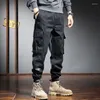 Calça masculina estilo japonês moda masculino jeans solto encaixe grande bolso de bolso cargo macacão de rua de rua de rua de luto baggy tousersmen's Naom2