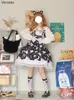 Słodki styl lolita w stylu kreskówek Drukuj księżniczki Kobiety urocze łuk koronkowy pasek imprezowy sukienki Girly Harajuku Kawaii Y2K Mini Vestidos 220713