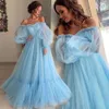 Off Shoulder Prom Party Dresses Long Sleeve Princess Tulle Lace-up Formal Evening Dress Long