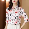 2023 Vintage Ribbon Bow Laranja Camisa para Mulheres Designer Manga Longa Estampa Lapela Blusas de Seda Senhoras Camisas de Botão de Escritório Primavera Outono Casual Tops Gráficos Versáteis